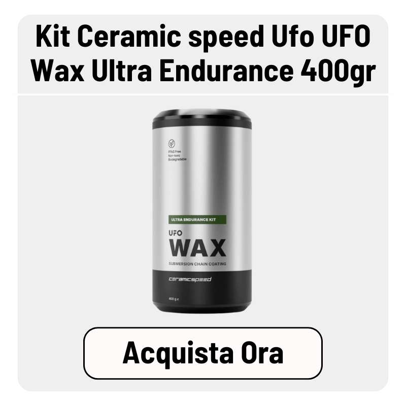 Canister of CeramicSpeed UFO Wax Ultra Endurance 400g chain coating on white background with visible 'Acquista Ora' buy-now button