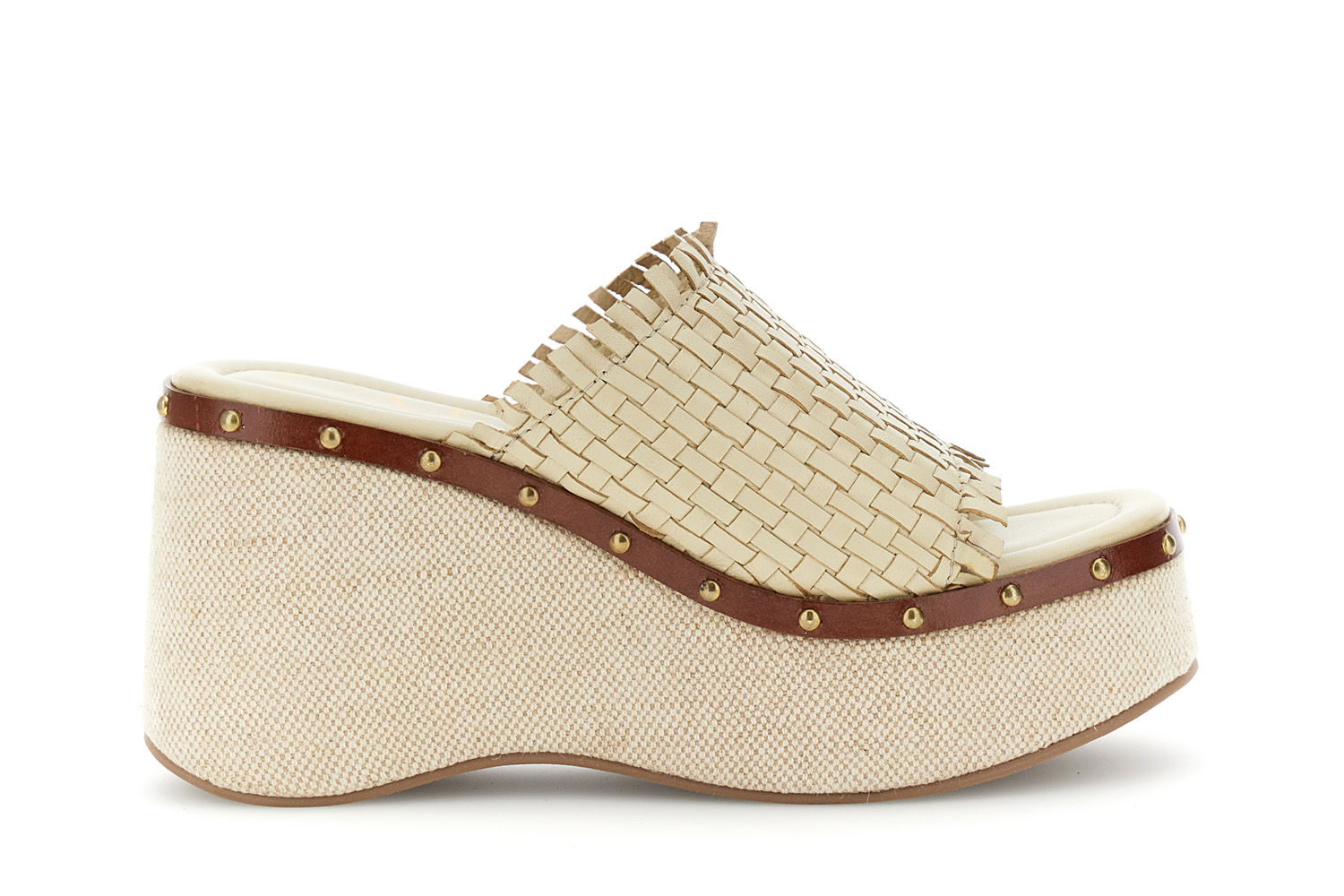 Image of sandali ciabatta in pelle intreccio con zeppa beige