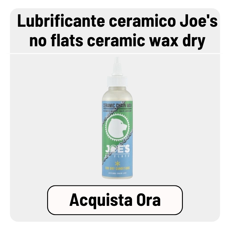 Bottle of Joe's No Flats ceramic chain wax lubricant for dry conditions, product label visible with 'Acquista Ora' buy now button