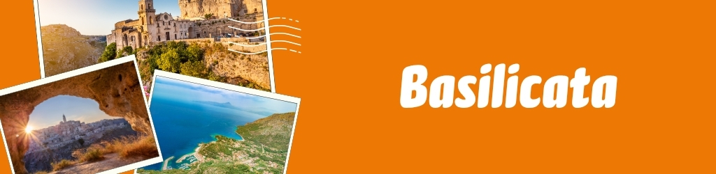 Basilicata travel collage: Matera cave dwellings, coastal cliffs and hilltop town on orange background with 'Basilicata' text