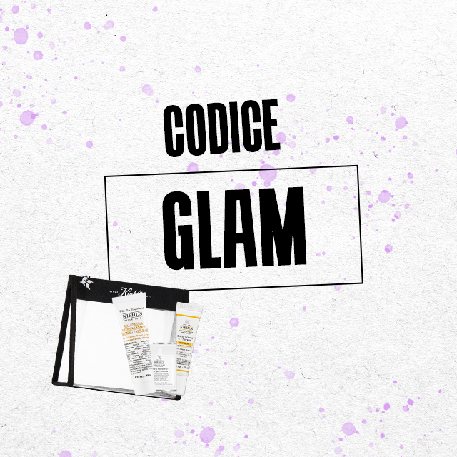 Routine omaggio Kiehl's Codice Glam. Kit skincare con pochette nera  trasparente contenente prodotti viso Kiehl's su sfondo bianco  con schizzi lilla. Disponibile con spesa da 59&euro;.