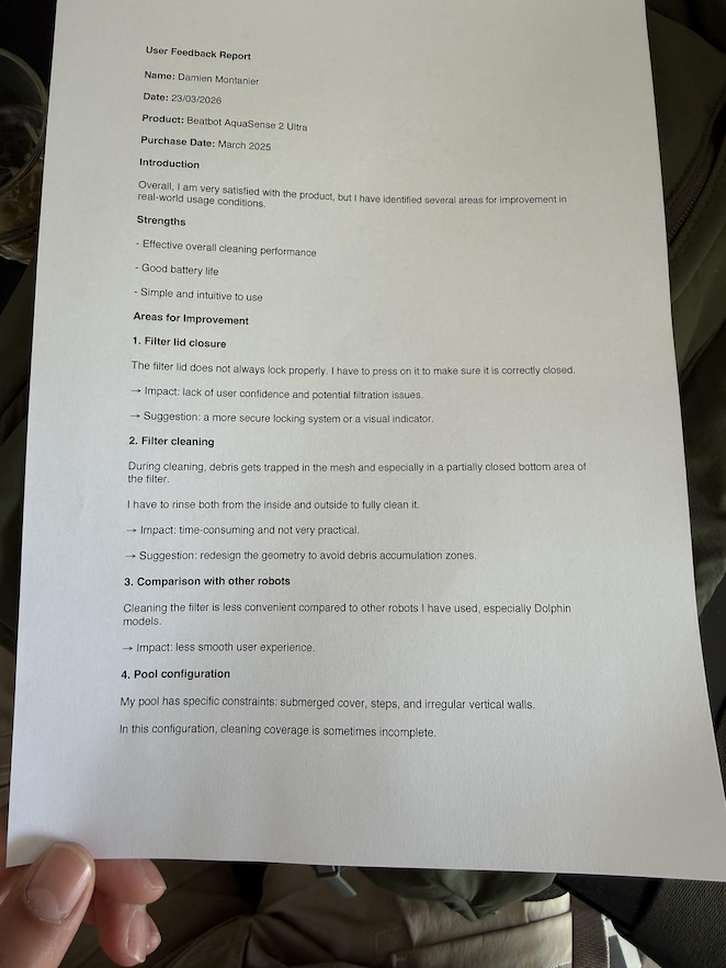 Ad accoglierci abbiamo trovato una fitta pagina A4, stampata in inglese e francese, piena di osservazioni. Aveva persino ribattezzato il Beatbot in fase di test "Nautilus".