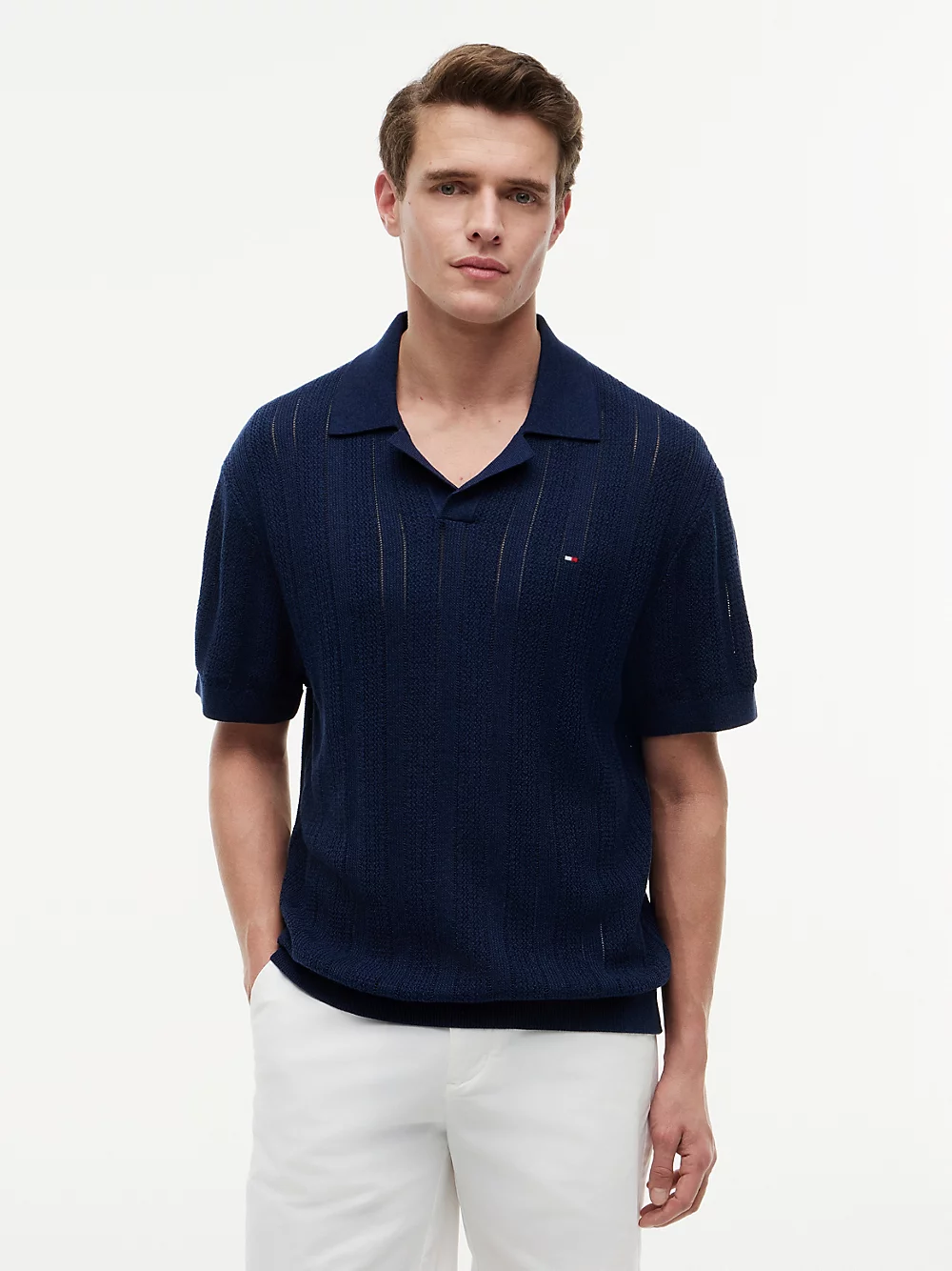 Polo relaxed fit con lino e motivo pointelle