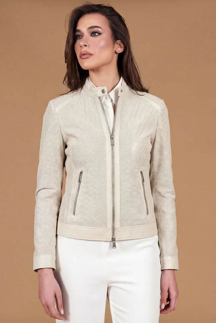 Image of Giacca biker in pelle nappa traforata crema effetto liscio