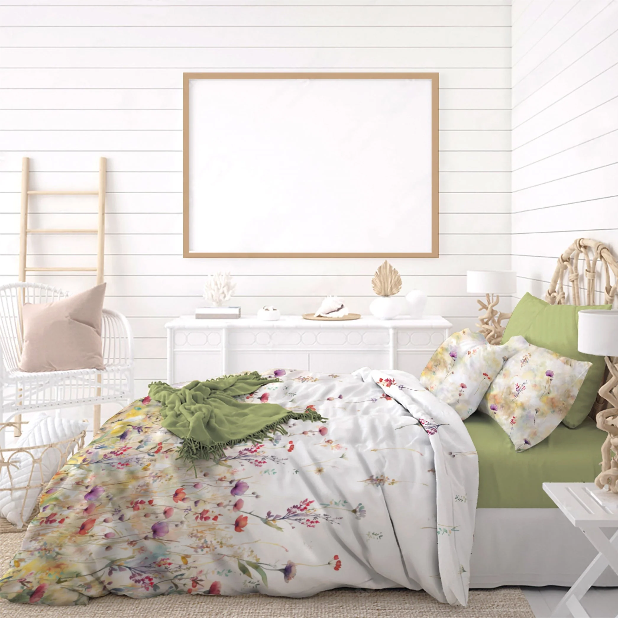 Image of Completo Lenzuola Copriletto in Percalle <br>di Cotone con Stampa Floreale - <b>Meadow