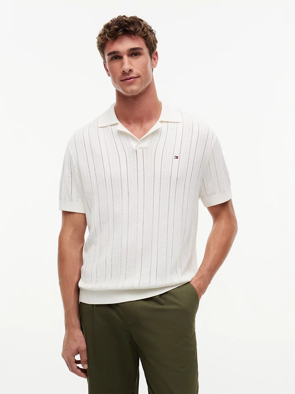 Polo relaxed fit con lino e motivo pointelle
