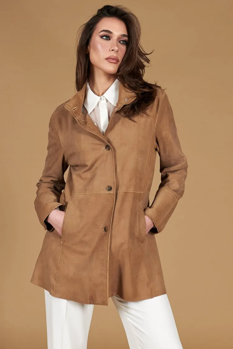 Image of Cappottino in pelle camoscio beige sfoderato