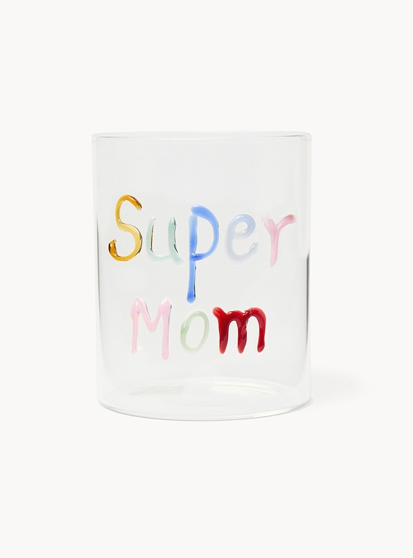 Bicchiere in vetro borosilicato dettaglio super mom