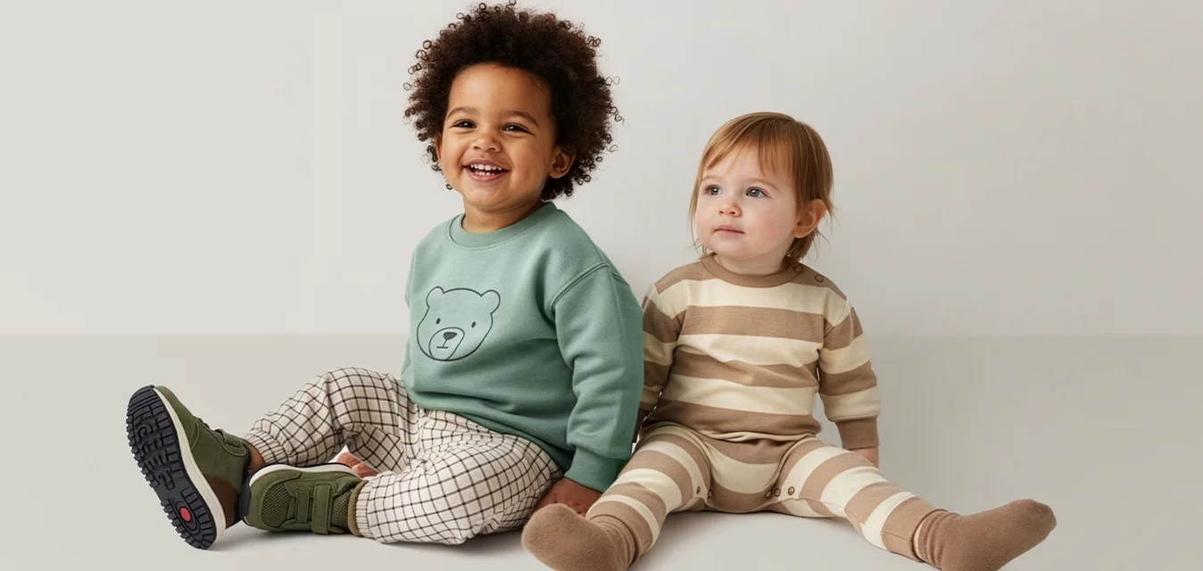 Due bambini piccoli seduti su un pavimento beige contro una parete chiara, uno sorride con una felpa verde, l'altro con un completo beige a righe che guarda di lato.