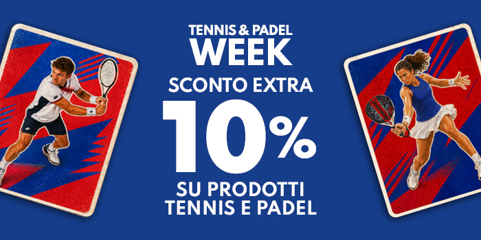 Promotional banner for Tennis & Padel Week — extra 10% off tennis and padel products with dynamic players on blue background