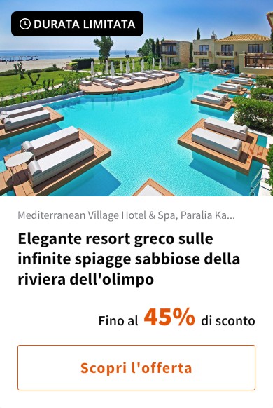 Elegante resort greco sulle infinite spiagge sabbiose della riviera dell'olimpo