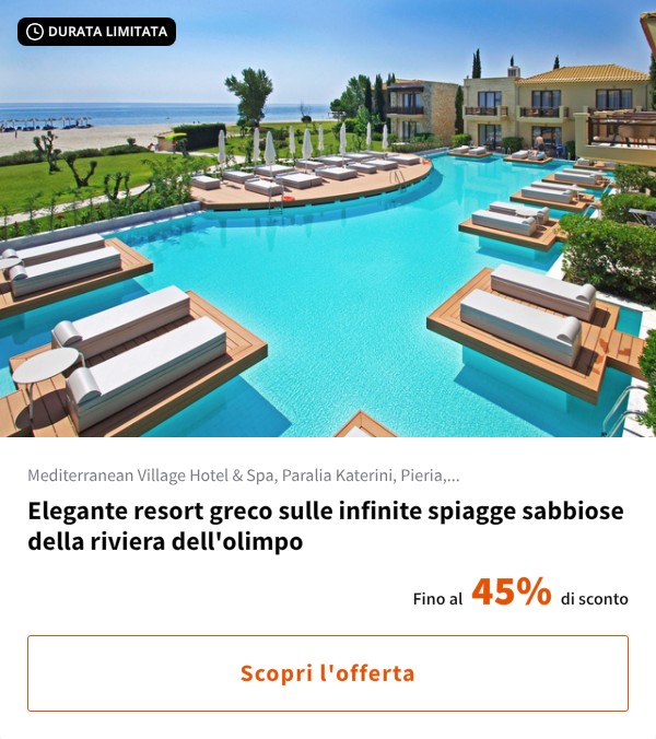 Elegante resort greco sulle infinite spiagge sabbiose della riviera dell'olimpo