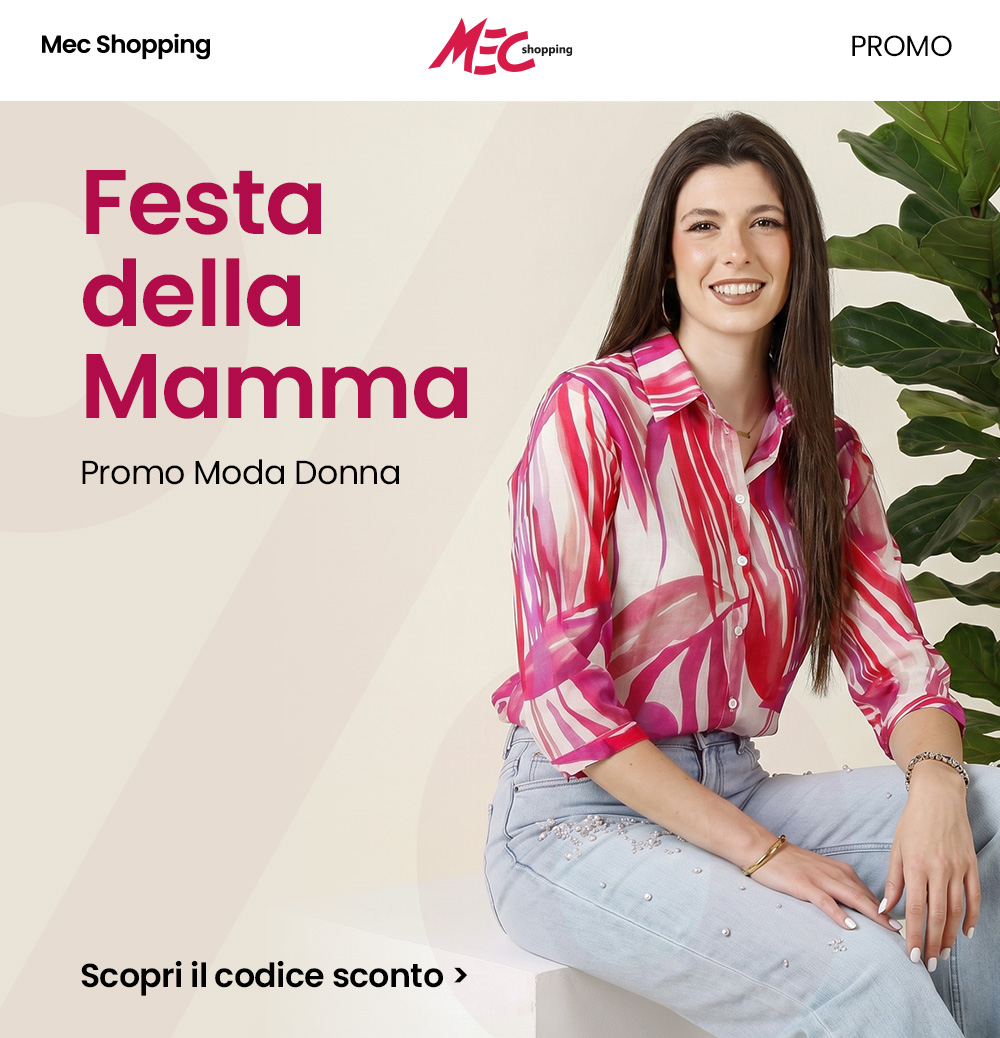 Mother's Day promo banner: smiling woman in pink patterned blouse and embellished light jeans, MEC Shopping women's fashion
