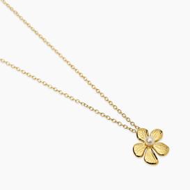 STYLE 65  Girocollo con catena rolò e pendente fiore in acciaio dorato martellato con perla conchiglia