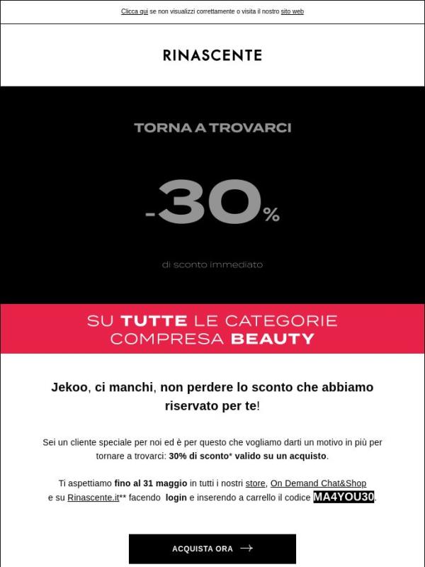 Ci manchi, 30% di sconto per tornare a trovarci!