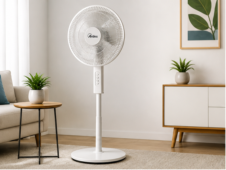 White Ardes floor-standing oscillating fan on rug in modern living room with plants