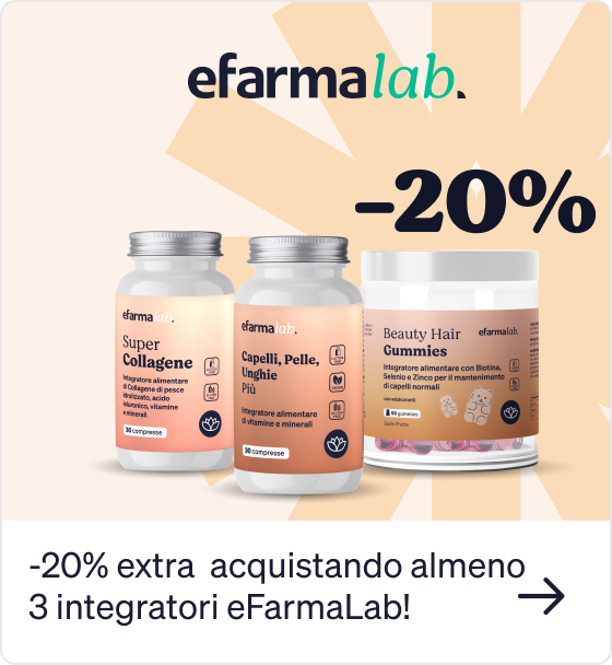 eFarmaLab logo with three supplement jars (Super Collagen, Hair & Skin tablets, Beauty Hair Gummies) and a –20% discount banner