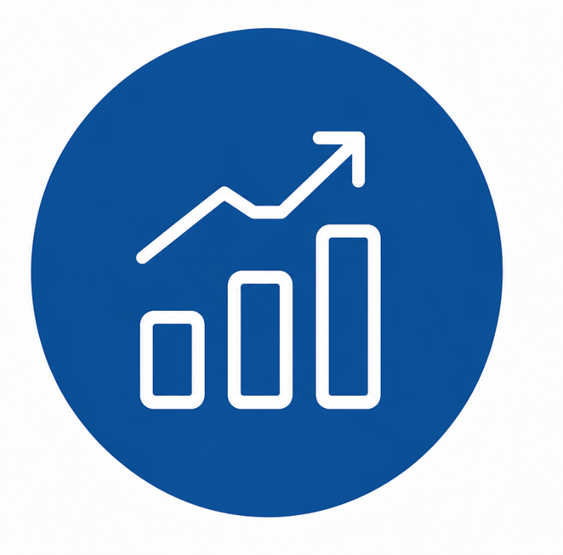 Blue circular icon showing a white ascending bar chart with three bars and an upward trending arrow, symbolising growth and analytics