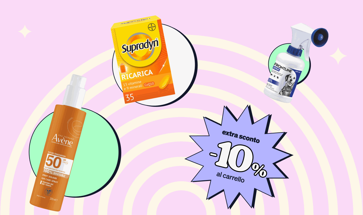 Promotional banner with Avène SPF50 sunscreen spray, Suprodyn supplement, nasal inhaler and purple starburst ‘-10% extra discount’ on pink concentric background