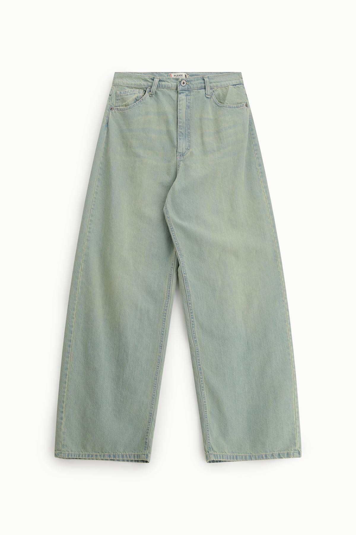 Wide-leg light green washed denim jeans, high-rise five-pocket style, flat-lay on white background