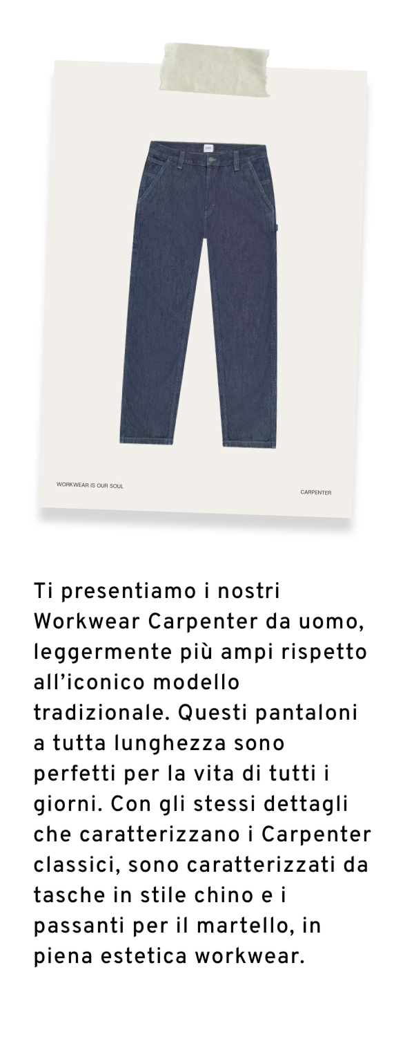 Ti presentiamo i nostri Workwear Carpenter da uomo, leggermente più ampi rispetto all’iconico modello tradizionale. Questi pantaloni a tutta lunghezza sono perfetti per la vita di tutti i giorni. Con gli stessi dettagli che caratterizzano i Carpenter classici, sono caratterizzati da tasche in stile chino e i passanti per il martello, in piena estetica workwear.