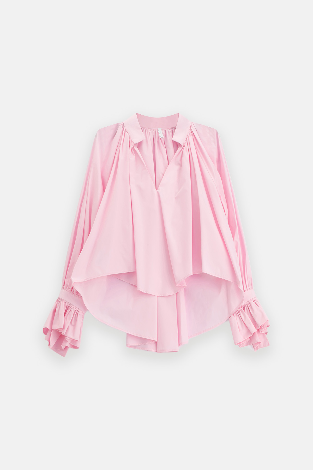 Pink ruffled long-sleeve blouse with tiered layers, V-neckline and gathered ruffle cuffs