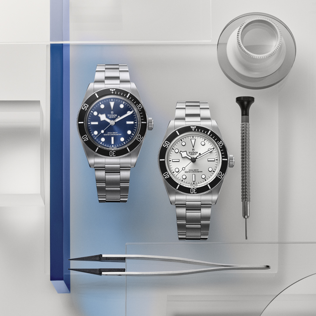 Pair of Tudor stainless steel dive watches (blue and white dials) displayed with watchmaker tools: tweezers, screwdriver and loupe