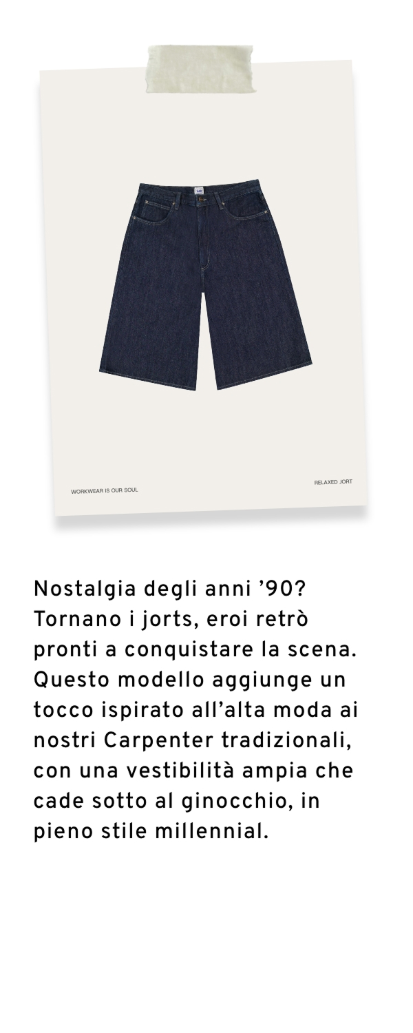 Nostalgia degli anni '90? Tornano i jorts, eroi retrò pronti a conquistare la scena. Questo modello aggiunge un tocco ispirato all’alta moda ai nostri Carpenter tradizionali, con una vestibilità ampia che cade sotto al ginocchio, in pieno stile millennial.