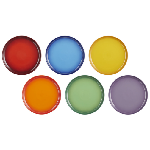 22 cm - Rainbow Coupe Dessert Plate Assorted Colours Stoneware Set 6 Pcs