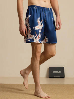 Image of 19Momme Seta Pura Pantaloncini da Notte Uomo Stampa Gru Vita Elastico