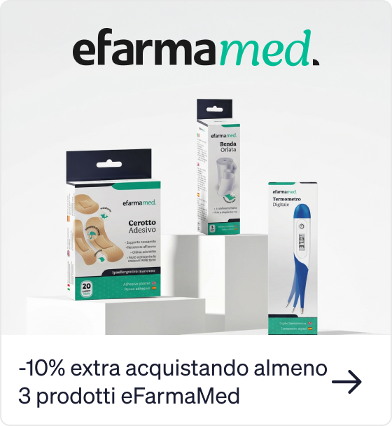 eFarmaMed logo above three product boxes — adhesive plasters, elastic bandage and digital thermometer on white plinths, '10% extra' offer