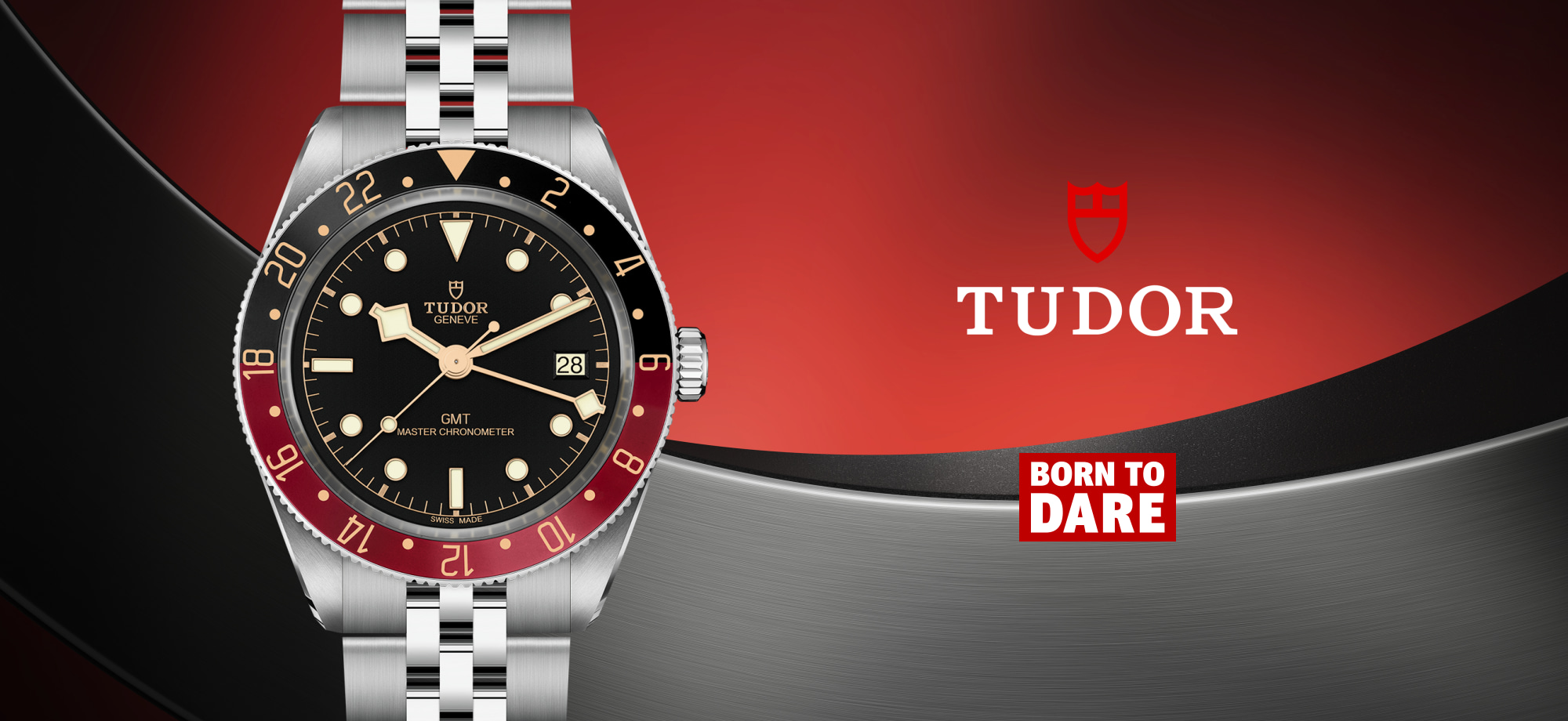 Tudor Black Bay GMT stainless steel watch, black dial and burgundy-black bezel, date at 3, Tudor logo and 'Born to Dare' slogan