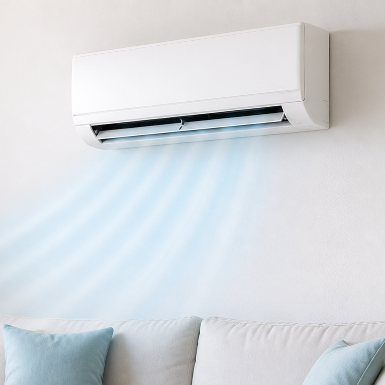 Wall-mounted split air conditioner blowing cool air over a light grey sofa with pale blue cushions in a modern living room