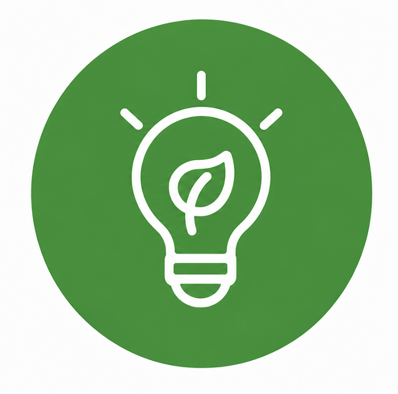 Green circular icon with white light bulb outline containing a leaf, symbolising eco-friendly energy and sustainable ideas