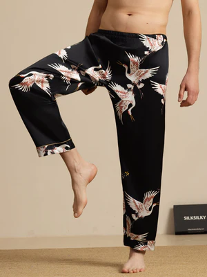 Image of Uomo 19Momme Pura Seta Vita Elastica Stampa Gru Pantaloni Da Notte