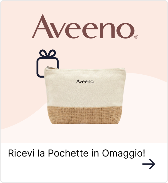 Aveeno branded canvas and jute cosmetic pouch gift against pale pink background with Aveeno logo