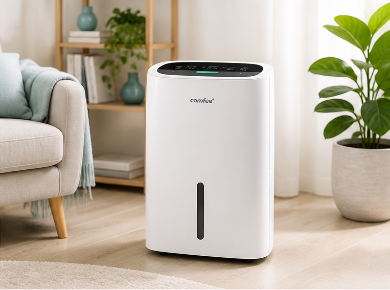 White Comfee dehumidifier on wooden floor in bright living room beside a sofa and potted plant