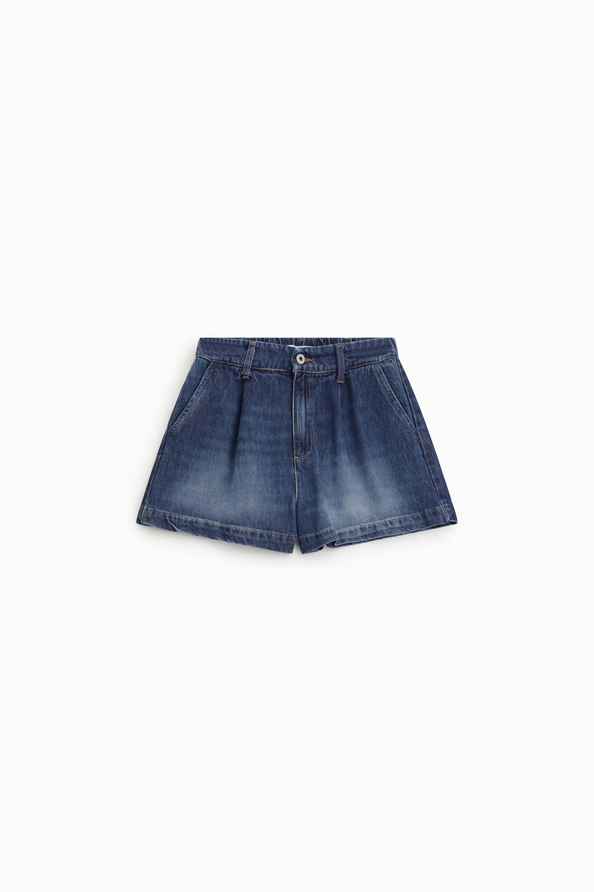Women's blue faded denim pleated shorts with front pockets and belt loops, flat-lay on white background