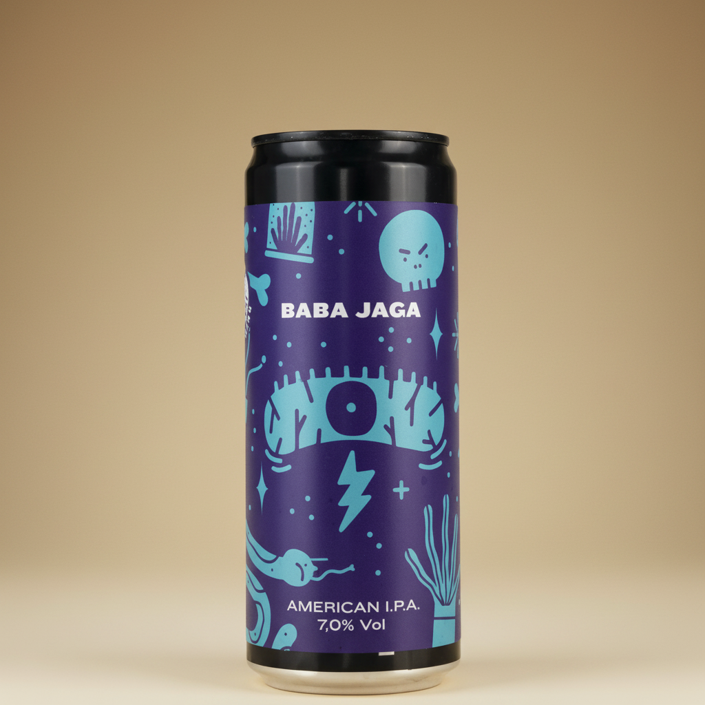 A can of Baba Jaga American IPA with a purple and teal design.