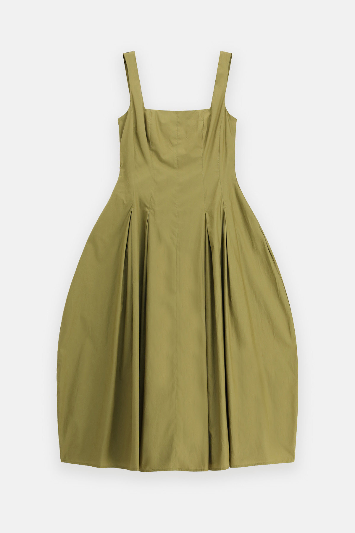 Olive-green sleeveless midi dress with square neckline and pleated full skirt, flat-lay on white background