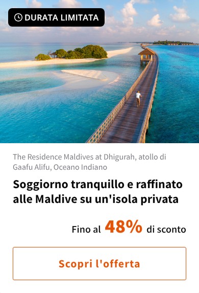 Soggiorno tranquillo e raffinato alle Maldive su un'isola privata