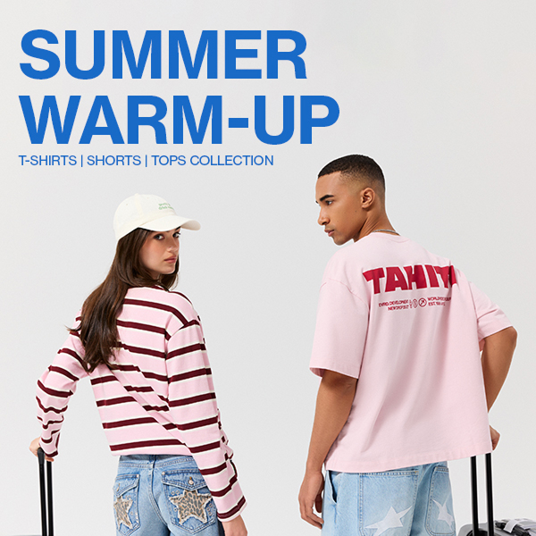 Modello e modella con outfit estivi: T-shirt, top e pantaloncini, scritta SUMMER WARM-UP, T-SHIRTS | SHORTS | TOPS COLLECTION.