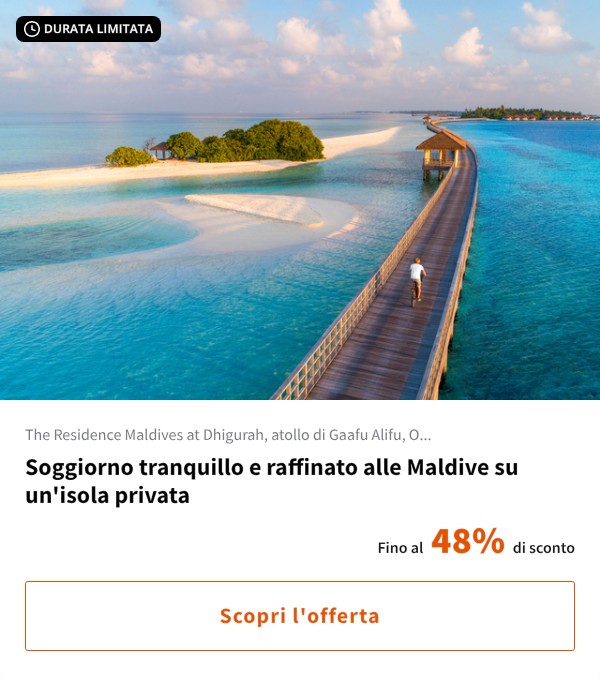 Soggiorno tranquillo e raffinato alle Maldive su un'isola privata