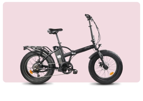 Black folding electric bike with fat tyres, rear rack and frame-mounted battery on pale pink background