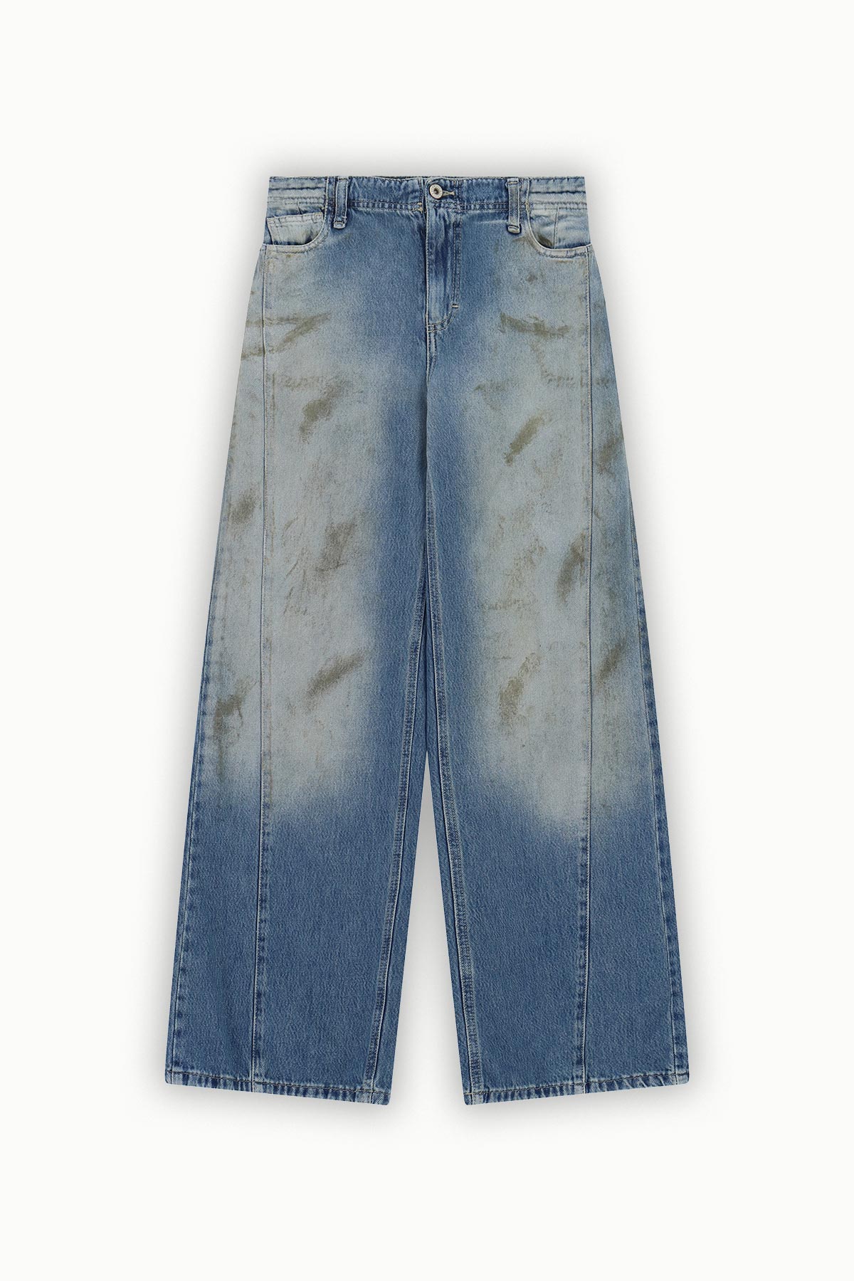 Wide-leg faded blue high-waist denim jeans with front seams, five-pocket styling and subtle distressing