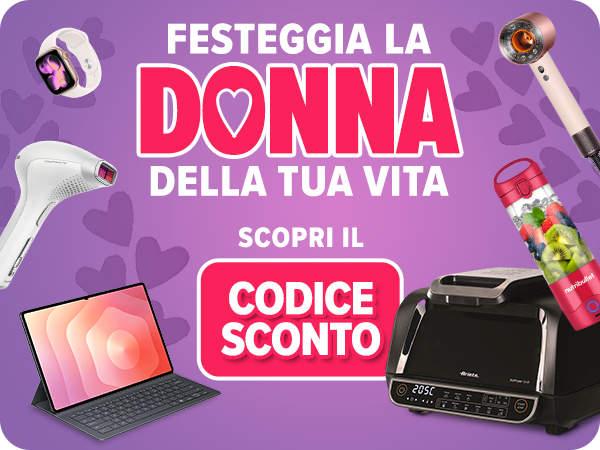 Promotional banner showing gifts for her — electronics, beauty devices and blender, with 'discover the discount code' call-to-action