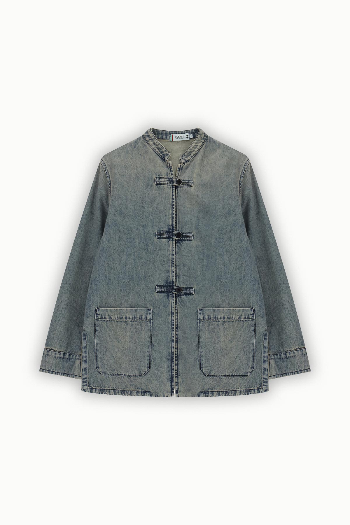 Faded blue denim jacket with mandarin collar, three frog-button closures and two front patch pockets