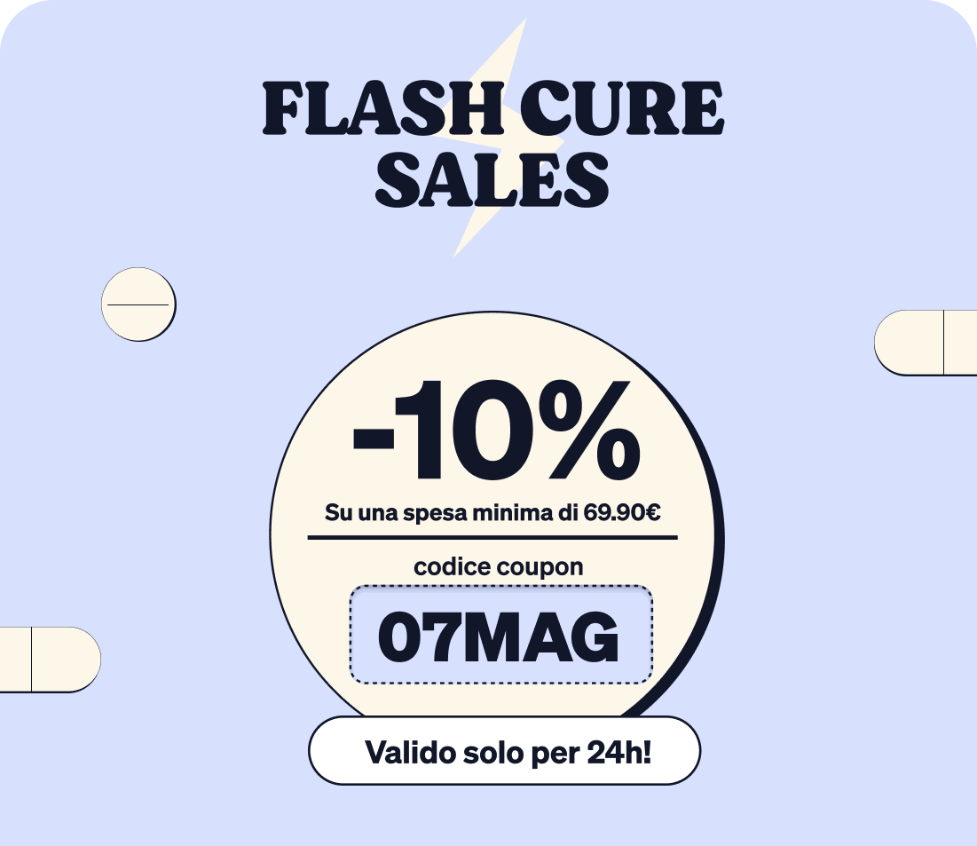 Repeating pale blue tiles showing 'FLASH CURE SALES' and a round coupon offering -10% with code 07MAG, valid 24h on €69.90 minimum spend
