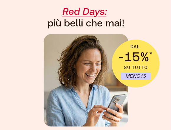 Donna sorridente con maglietta azzurra guarda verso destra. In primo piano prodotti Redcare: crema solare SPF 50 e Omega-3 Forte. In alto il testo: &ldquo;Iniziano le Settimane della Salute&rdquo;, con &ldquo;Settimane della Salute&rdquo; evidenziato in rosso corsivo e sottolineato. A destra un bollino giallo indica: &ldquo;Fino al -15% sul nostro brand Redcare&rdquo;. In basso pulsante rosso: &ldquo;Approfittane ora&rdquo;.