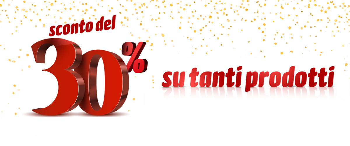Promotional banner showing large red 3D '30%' and text '30% discount on many products' with gold confetti